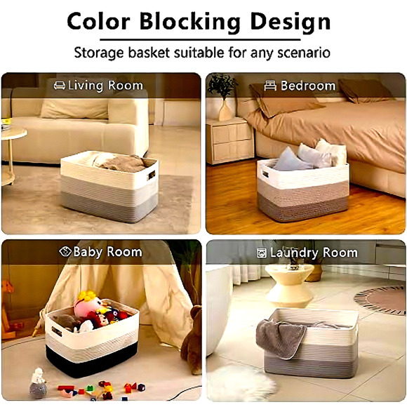 Large Woven Cotton Basket Blanket Toys Handles Gradient Gray 22”x17”x12” - Picture 5 of 8